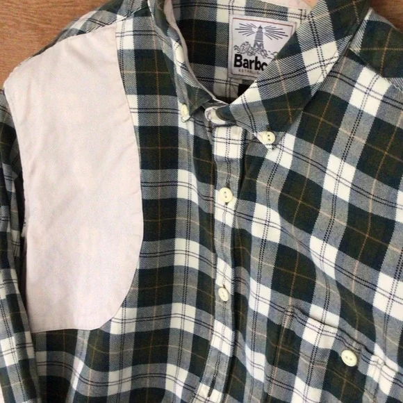 Barbour Cream and Green Plaid Flannel Shirt L Slim - Picture 2 of 15